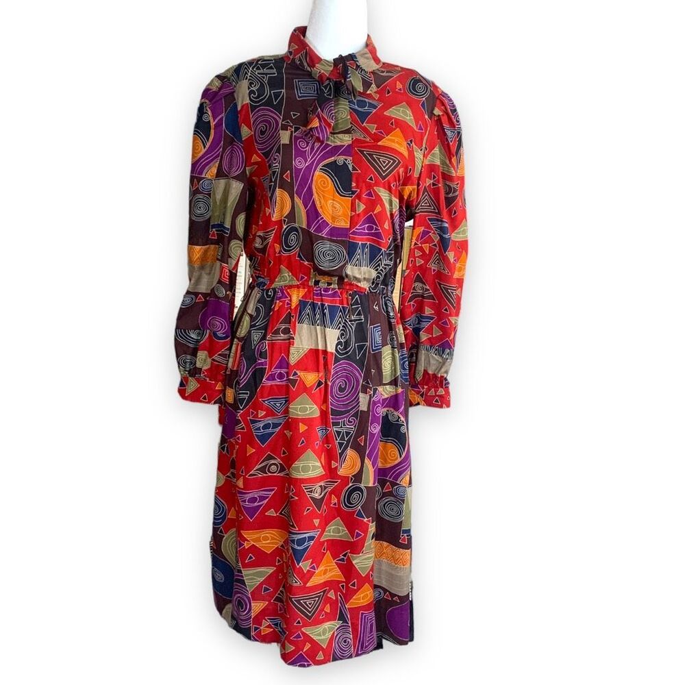 Vintage Shirt Dress Red Abstract Geometric Art Bow Detail Long Sleeve Midi
